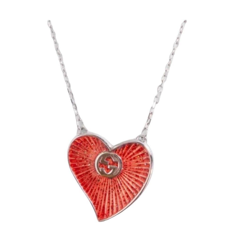 New Full Set Gucci Interlocking G Heart Necklace Silver Red Enamel Unisex